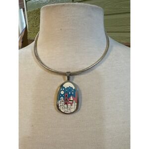 M Silver Tone Enamel Cityscape Pendant Omega Snake Chain Necklace J880